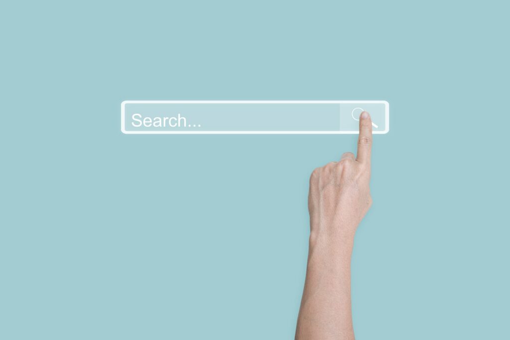 Searching Browsing concept. Hand click search page internet data information networking.